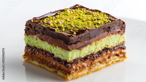 Dubai Chocolate Kunafa Pistachio on white background,Dubai Chocolate bar with green kadayif and pistachio spread,popular and viral chocolate 2024,space for text.