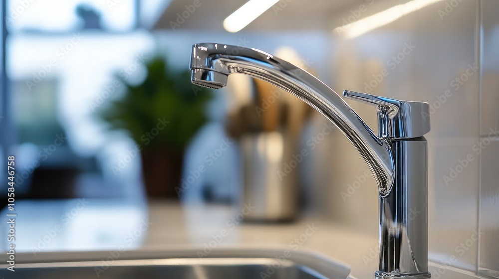 Close-up of a water cabinet handle, chrome finish reflecting subtle highlights in a modern kitchen. Close-up of a water cabinet handle, chrome finish reflecting subtle highlights in a modern kitchen.