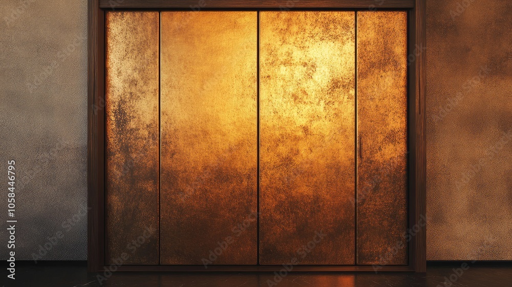 Focused shot of a closed water cabinet with textured wooden panels, warm tones and ambient light. Focused shot of a closed water cabinet with textured wooden panels, warm tones and ambient light.