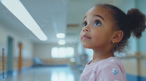 A hospital setting with a young girl as a patient, capturing a moment of care, while the image provides empty space for text, highlighting the childs experience in the hospital.