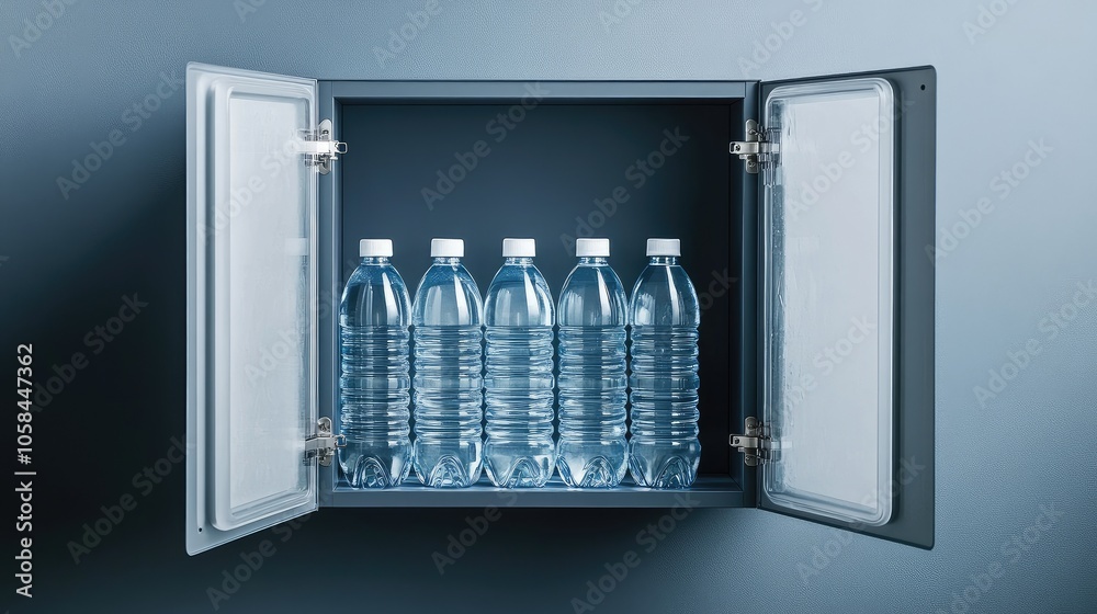 Top view of a half-open water cabinet, revealing assorted reusable water bottles in a minimalist setting. Top view of a half-open water cabinet, revealing assorted reusable water bottles in a minimalist setting.