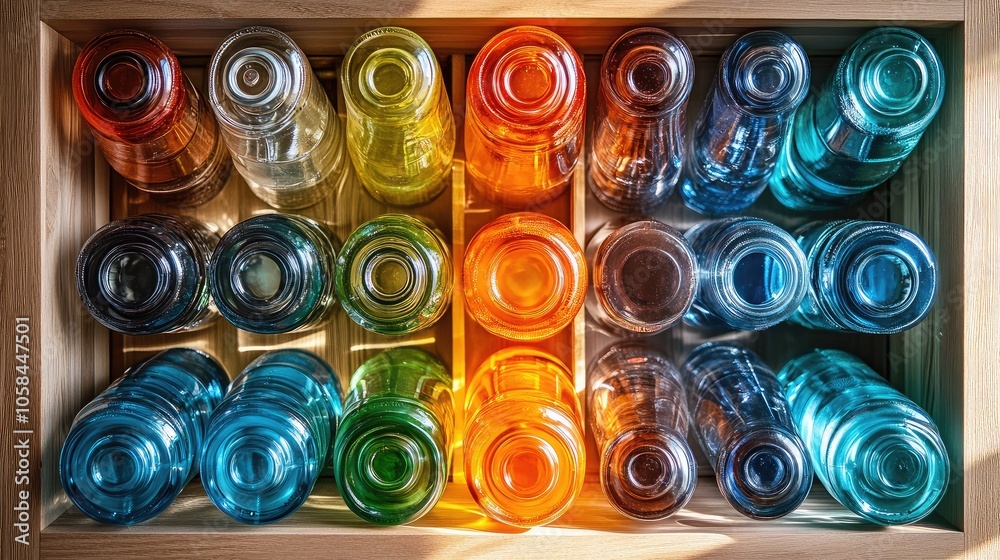 Top view of an open water cabinet with organized rows of reusable water bottles in assorted colors. Top view of an open water cabinet with organized rows of reusable water bottles in assorted colors.