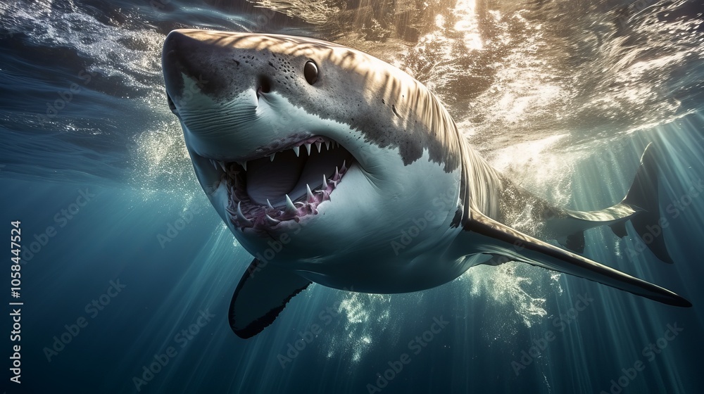 Naklejka premium A great white shark swims gracefully through sunlit waters near a vibrant marine environment