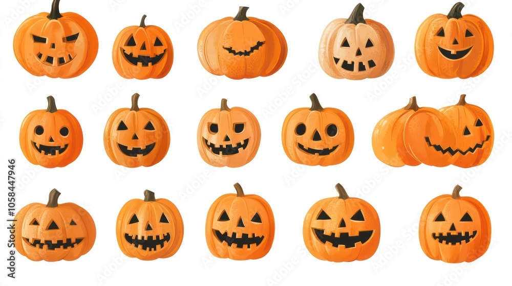 A collection of various Halloween-themed pumpkins with different facial expressions.