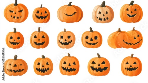 A collection of various Halloween-themed pumpkins with different facial expressions.