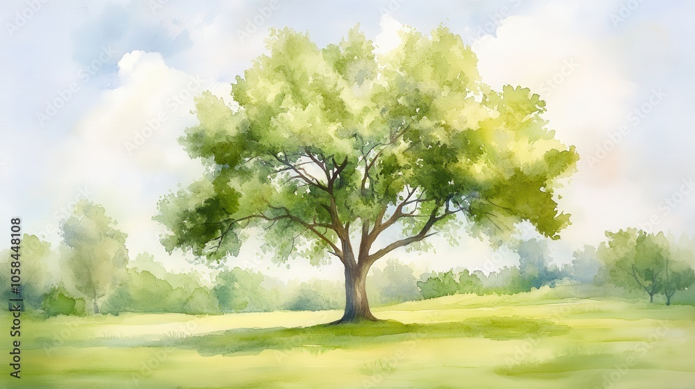 Fototapeta premium A large tree stands in a field of green grass