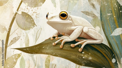 A white frog with orange eyes sits on a green leaf. photo