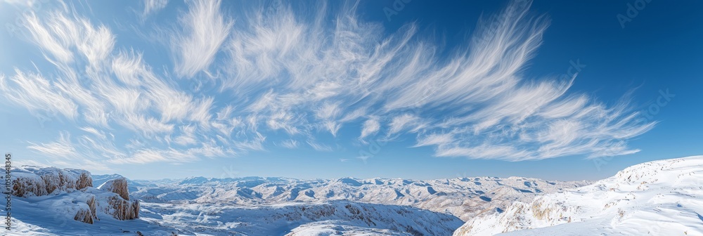 Obraz premium Majestic Winter Wonderland - Stunning Panoramic View of Snowy Mountain Range under Clear Skies | Ultra-Detailed Landscape Photo