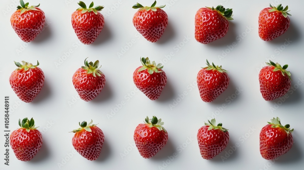 A row of red strawberries on a white background