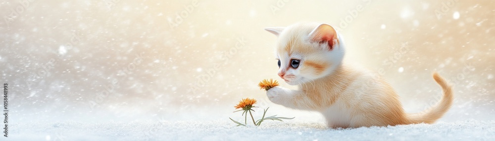 A cute kitten curiously examines a flower in a snowy landscape. A cute kitten curiously examines a flower in a snowy landscape.