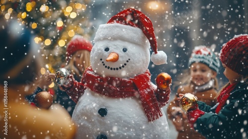 A snowman surrounded by kids decorating him with ornaments, with snow falling lightly in the background.