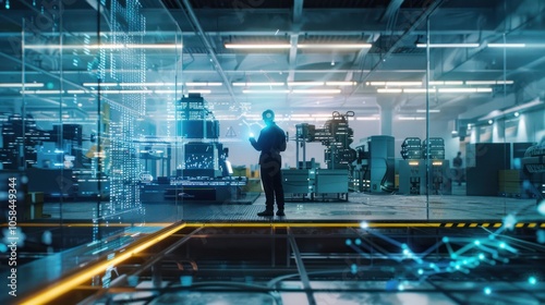 Man with Digital Overlay in Factory Setting