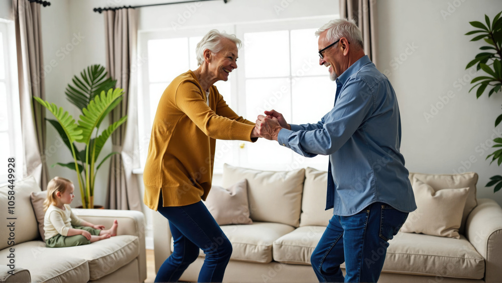 Fototapeta premium Happy senior couple dancing at home while granddaughter watches, concept of secure retirement, life insurance and carefree future.