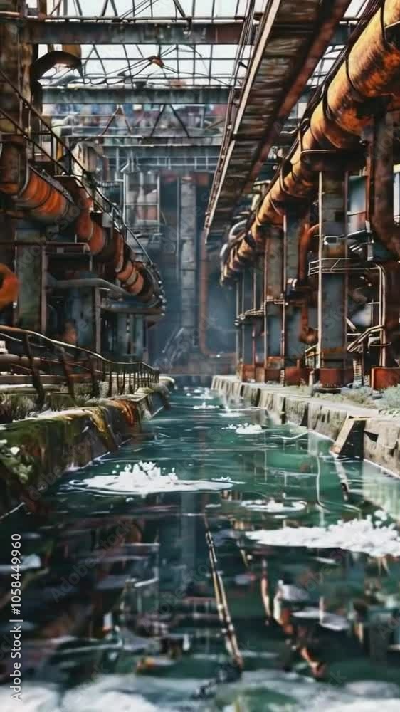 Industrial scene featuring pipes alongside a waterway in a factory environment. Industrial scene featuring pipes alongside a waterway in a factory environment.