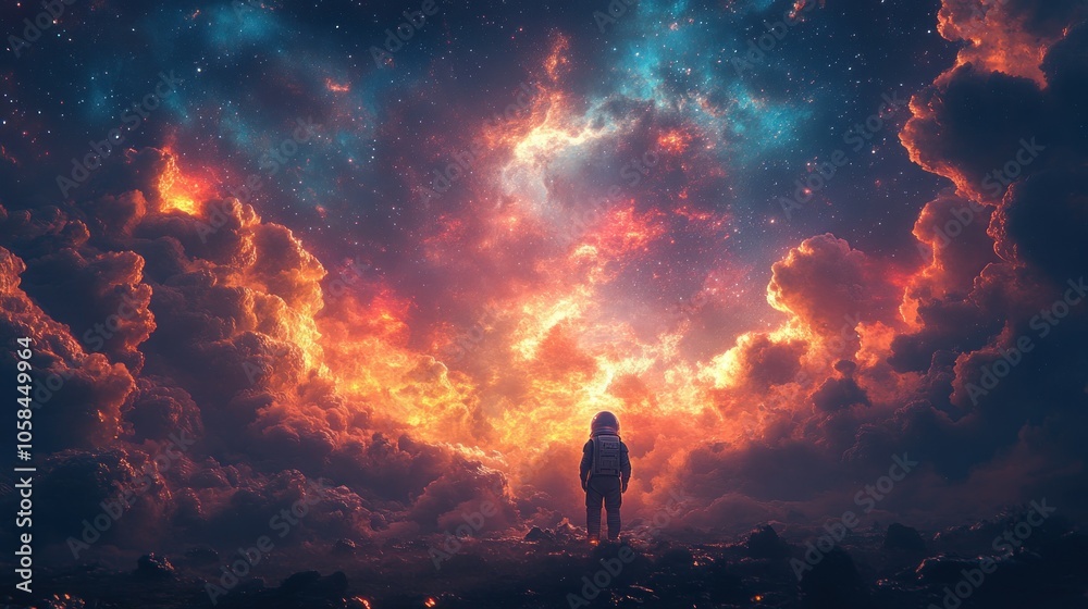 Astronaut gazing at a vibrant cosmic landscape filled with clouds. Astronaut gazing at a vibrant cosmic landscape filled with clouds.