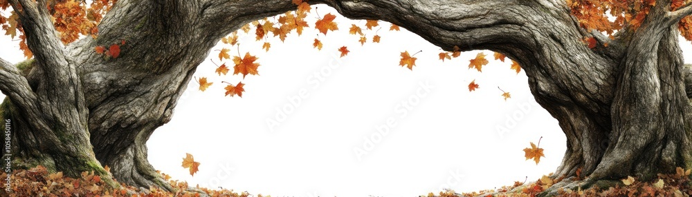 A serene autumn scene with trees arching over, adorned with colorful falling leaves. A serene autumn scene with trees arching over, adorned with colorful falling leaves.