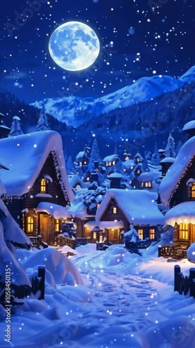A serene winter village scene with snow-covered houses, glowing windows, and a full moon.