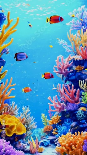 Vibrant underwater scene with colorful coral reefs and various fish swimming.