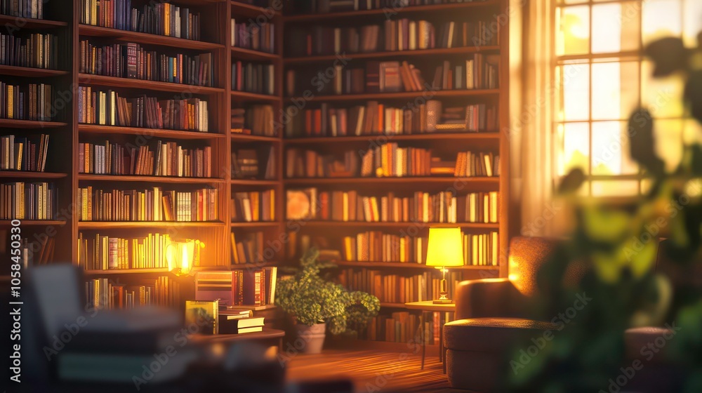 A cozy library filled with books, a comfortable chair, and warm lighting for reading. A cozy library filled with books, a comfortable chair, and warm lighting for reading.