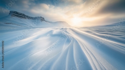 Wind-Formed Snow Patterns in a Serene Winter Field photo