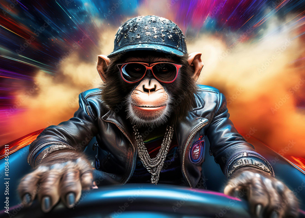 chimpancé vestido con ropa de moda y gafas manejando a gran velocidad sobre fondo de colores intensos, ilustración de colores neón, chimpancé del futuro, ia, diseño de moda, velocidad de colores . chimpancé vestido con ropa de moda y gafas manejando a gran velocidad sobre fondo de colores intensos, ilustración de colores neón, chimpancé del futuro, ia, diseño de moda, velocidad de colores .