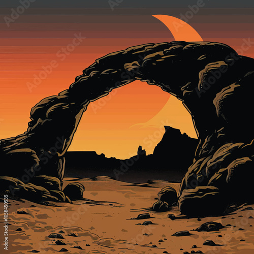 A stone arch in the desert. silhouette illustration