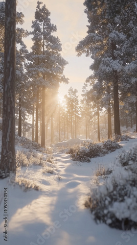 winter forest path sunlight snow covered trees landscape