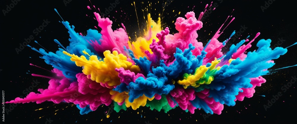 Explosive burst of vibrant colorful smoke on black background