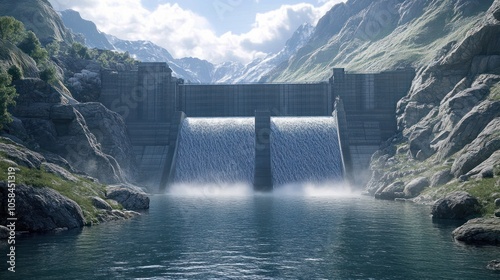 Hydroelectric dam. harnessing river power with turbines for clean energy and carbon neutrality photo