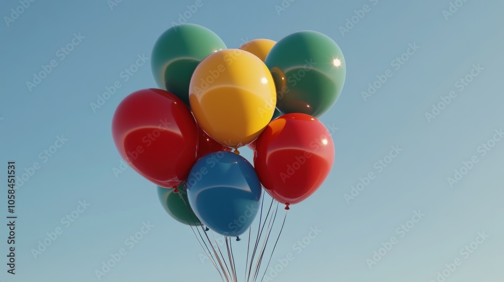 A cluster of colorful balloons against a clear blue sky. A cluster of colorful balloons against a clear blue sky.