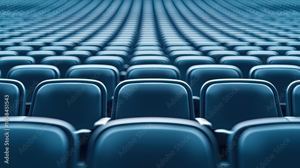 Naklejka premium Rows of empty blue seats in a modern auditorium with subtle depth effects.