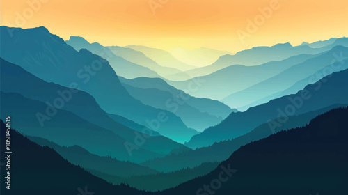 A valley with distant mountains. silhouette illustration