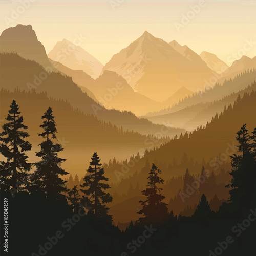  A valley with distant mountains. silhouette illustration