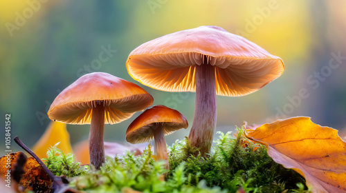 closeup of vibrant orange mushrooms growing in mossy forest setting