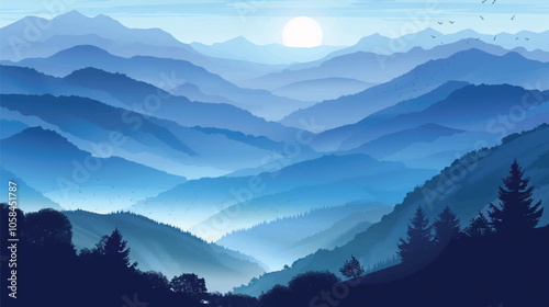 A valley with distant mountains. silhouette illustration