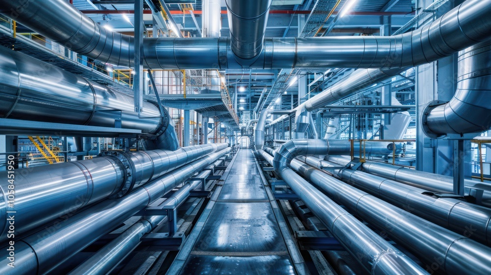 Industrial Piping System in a Modern Factory Industrial Piping System in a Modern Factory