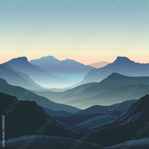  A valley with distant mountains. silhouette illustration