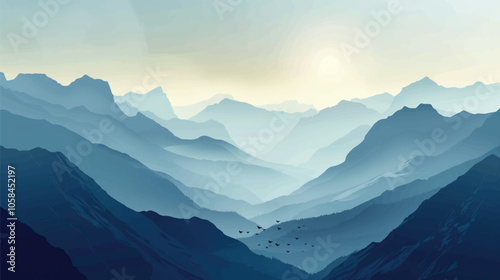  A valley with distant mountains. silhouette illustration