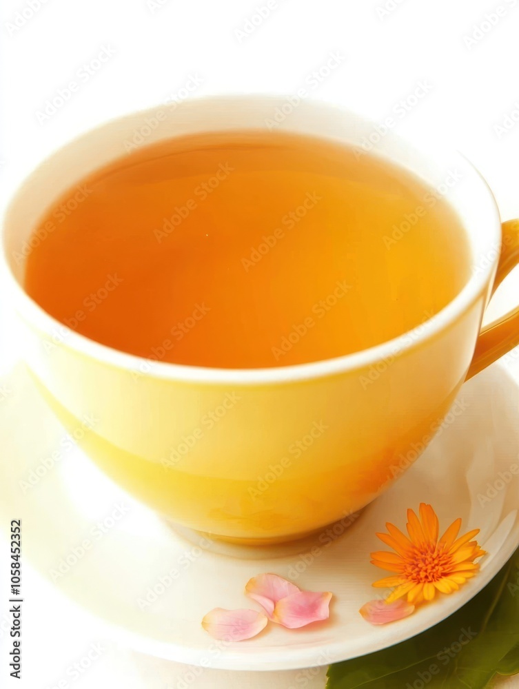 A cup of tea with a delicate floral design on the saucer, inviting relaxation and enjoyment. A cup of tea with a delicate floral design on the saucer, inviting relaxation and enjoyment.