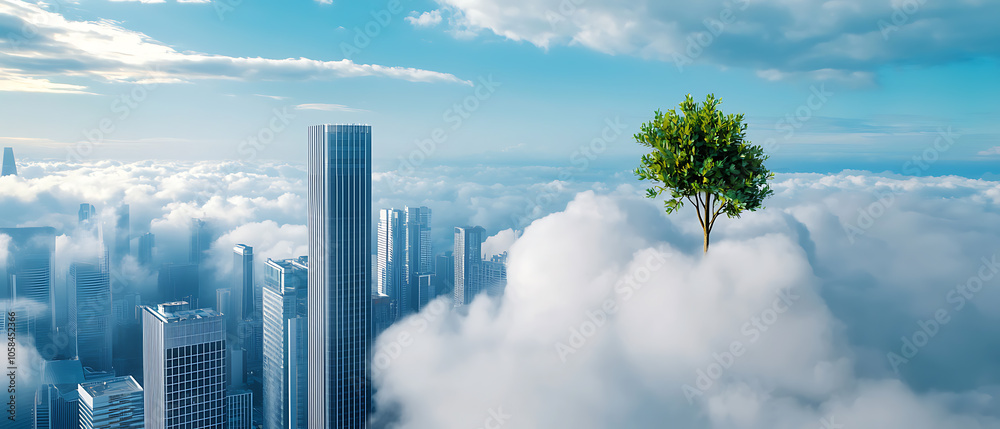 Fototapeta premium Corporate vision a high-rise future with sustainable commitments to achieve net zero climate goals above the clouds