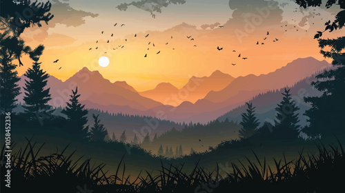  A valley with distant mountains. silhouette illustration