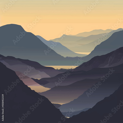 A valley with distant mountains. silhouette illustration
