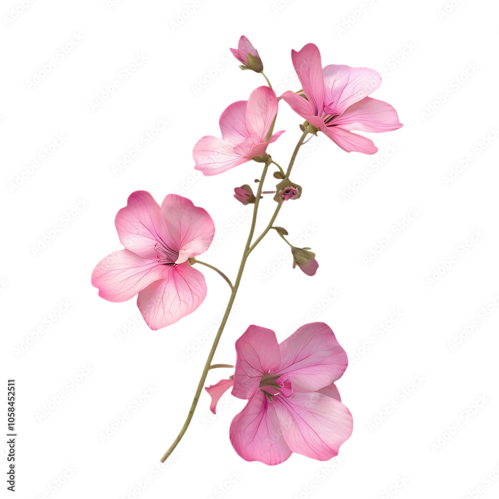 Delicate pink flowers with a stem and buds, isolated on a black background. Delicate pink flowers with a stem and buds, isolated on a black background.