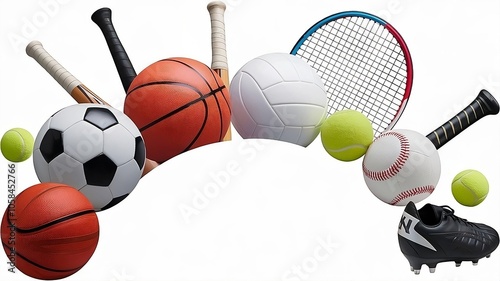 A collection of sports balls and equipment, including a soccer ball, basketball, volleyball, tennis ball, and baseball