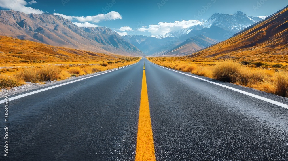 Fototapeta premium A desolate winding road stretches through a vast arid landscape under a clear blue sky in summer