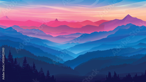  A valley with distant mountains. silhouette illustration