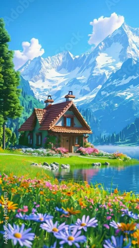 A serene lakeside cottage surrounded by vibrant flowers and majestic mountains.