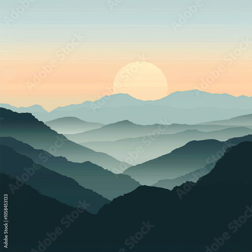  A valley with distant mountains. silhouette illustration