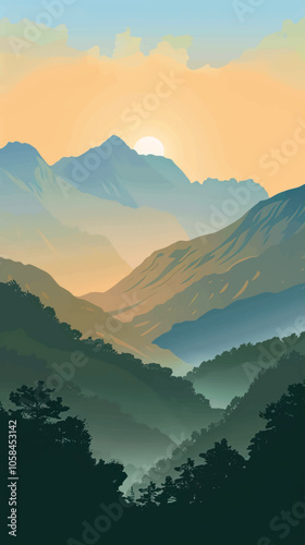  A valley with distant mountains. silhouette illustration