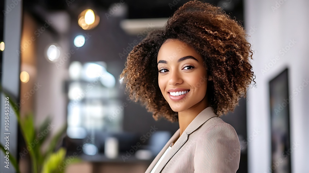 A closeup shot of a successful businesswoman standing in a modern office, dressed in a tailored suit and looking confidently at the camera with a bright smile on her face